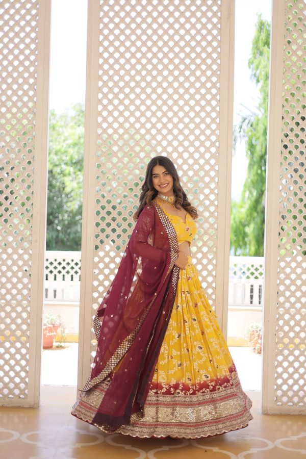 Lorenvalley Yellow Pure Viscose Jacquard with 2D Dyeing and Embroidered Sequins work Lehenga Choli Online Sale