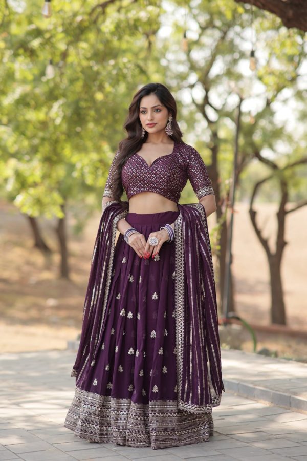 Lorenvalley Purple Faux Blooming Georgette with Sequins & Thread Embroidered work Lehenga Choli Online