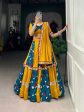 Lorenvalley Yellow and Rama Rayon with Printed Silk Original Mirror Gamthi Work and Embossed Design Gota Lehenga Choli with Dupatta Sale