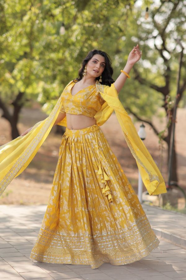 Lorenvalley Yellow Pure Viscose Jacquard with Embroidered Sequins work Lehenga Choli Fashion