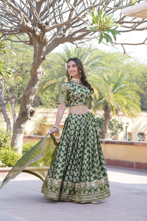 Lorenvalley Green Pure Viscose Jacquard with Embroidered Sequins work Lehenga Choli For Sale