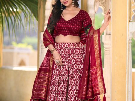 Lorenvalley Maroon Tussar Silk Ikkat Print With Foil Work Lehenga Choli with Dupatta Fashion