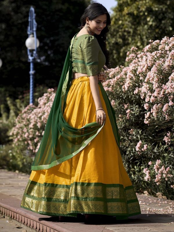 Lorenvalley Yellow Kanchipuram Zari Weaving Work Lehenga Choli with Dupatta Online Sale