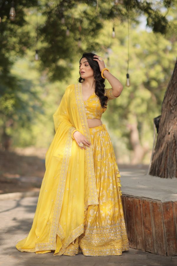 Lorenvalley Yellow Pure Viscose Jacquard with Embroidered Sequins work Lehenga Choli Fashion