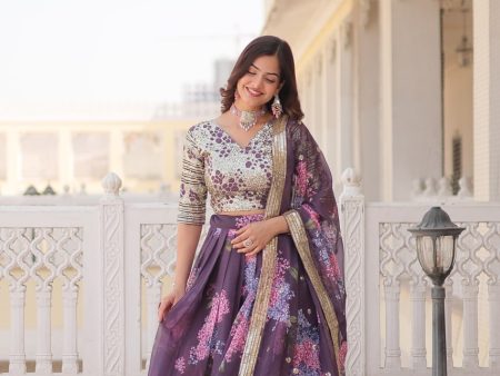 Lorenvalley Purple Russian Silk Digital Printed with Embroidered Sequins work Lehenga Choli Online