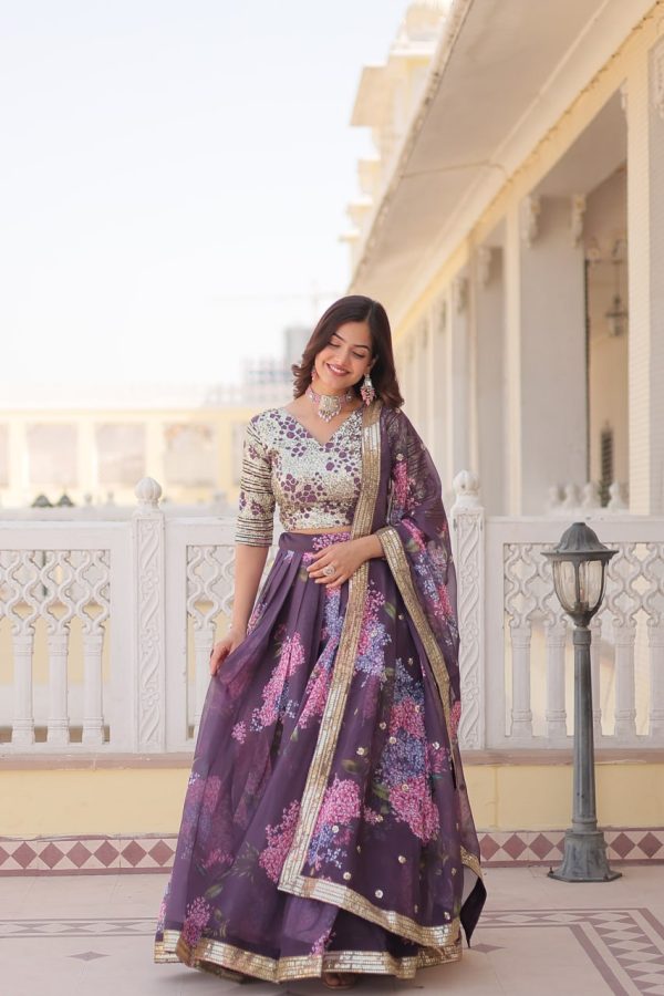 Lorenvalley Purple Russian Silk Digital Printed with Embroidered Sequins work Lehenga Choli Online