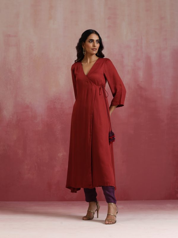 trueBrowns Maroon Modal Angrakha Kurta Set For Sale