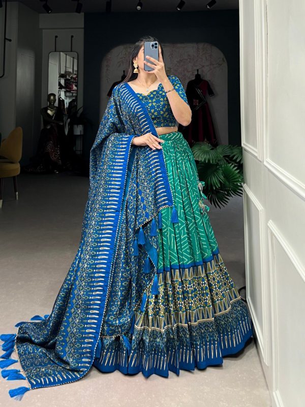 Lorenvalley Green Tussar Silk Bandhej And Ajarakh Print Lehenga Choli with Dupatta Discount