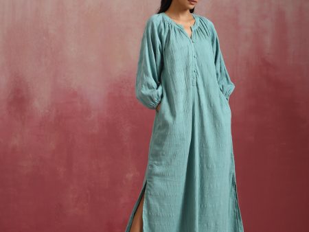 trueBrowns Aqua Blue Cotton Dobby Dress Online now