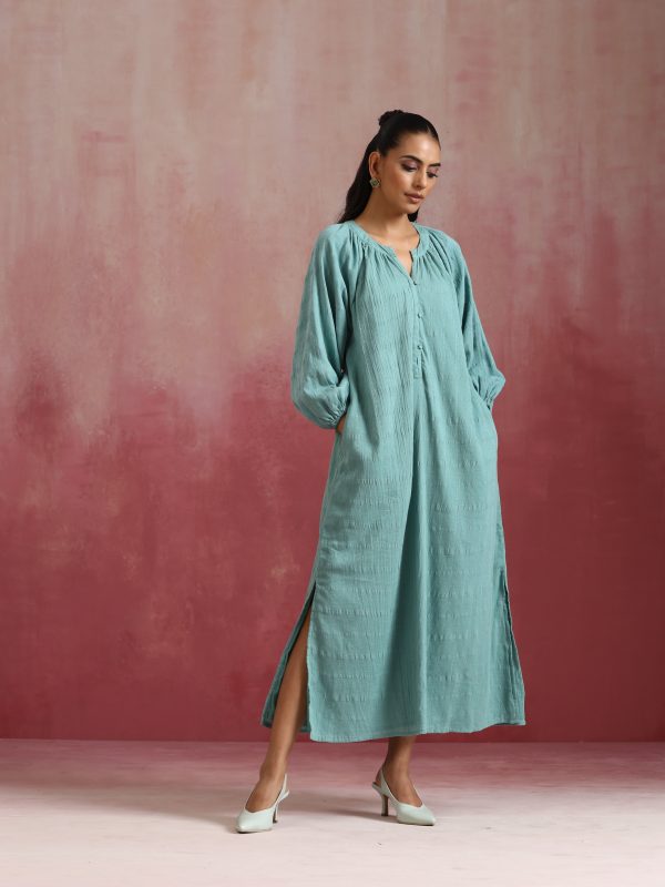 trueBrowns Aqua Blue Cotton Dobby Dress Online now