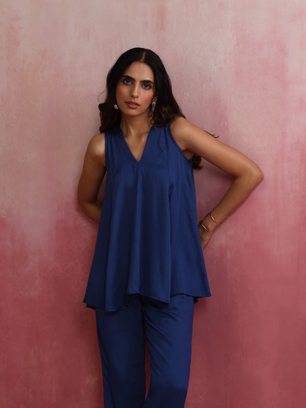 trueBrowns Blue Modal Flared Kurta Co-ord Set Sale