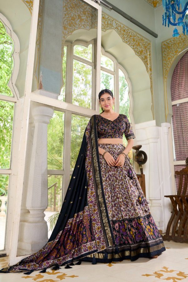 Lorenvalley Black Tussar Silk Floral Print with Foil Print Lehenga Choli with Dupatta For Sale