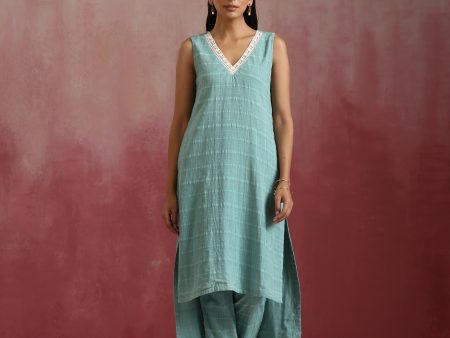 trueBrowns Aqua Blue Cotton Dobby High low Kurta Set Hot on Sale