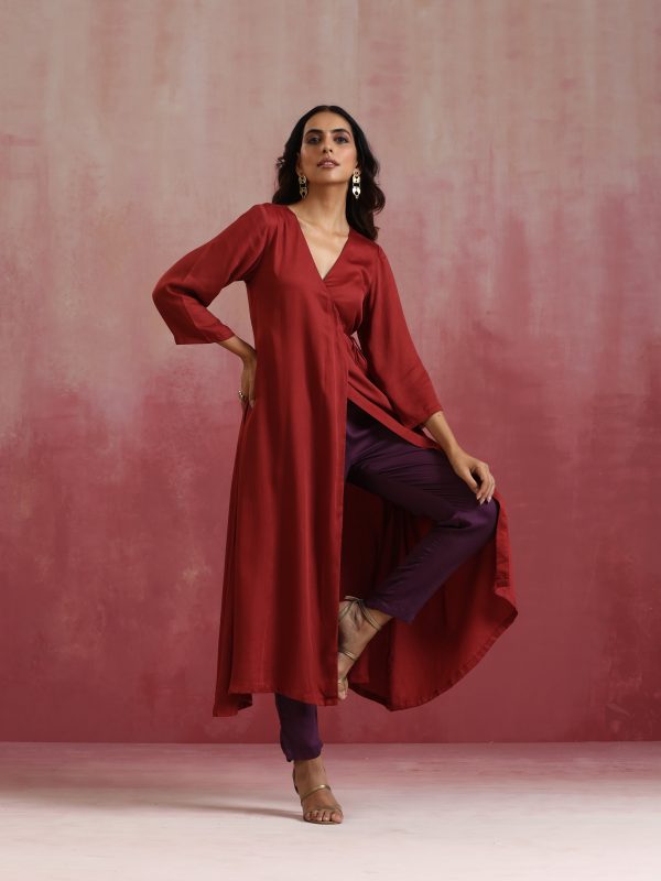 trueBrowns Maroon Modal Angrakha Kurta Set For Sale