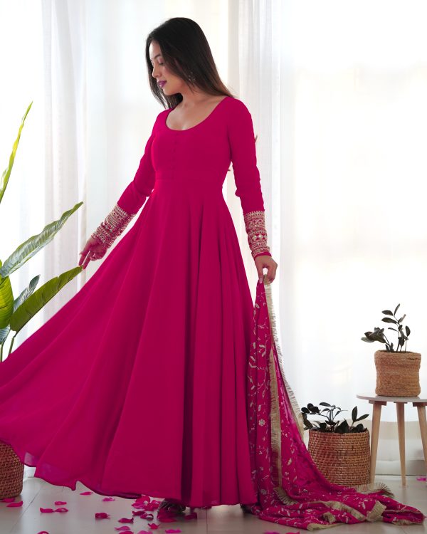 Lorenvalley Women Georgette Anarkali Gown Duppta Full Set With Pent Ready To Wear - Magenta Supply