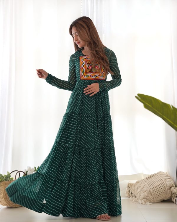 Lorenvalley Women Pure Soft Faux Georgette Leheriya Print Anarkali Gown - Green Online Hot Sale