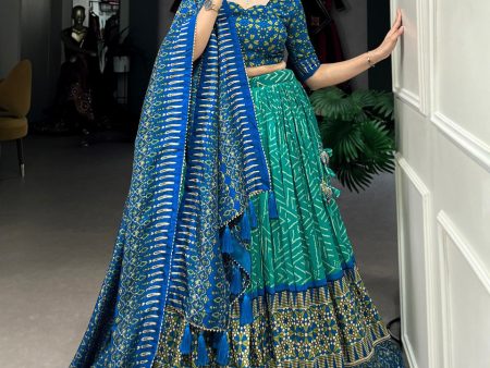 Lorenvalley Green Tussar Silk Bandhej And Ajarakh Print Lehenga Choli with Dupatta Discount