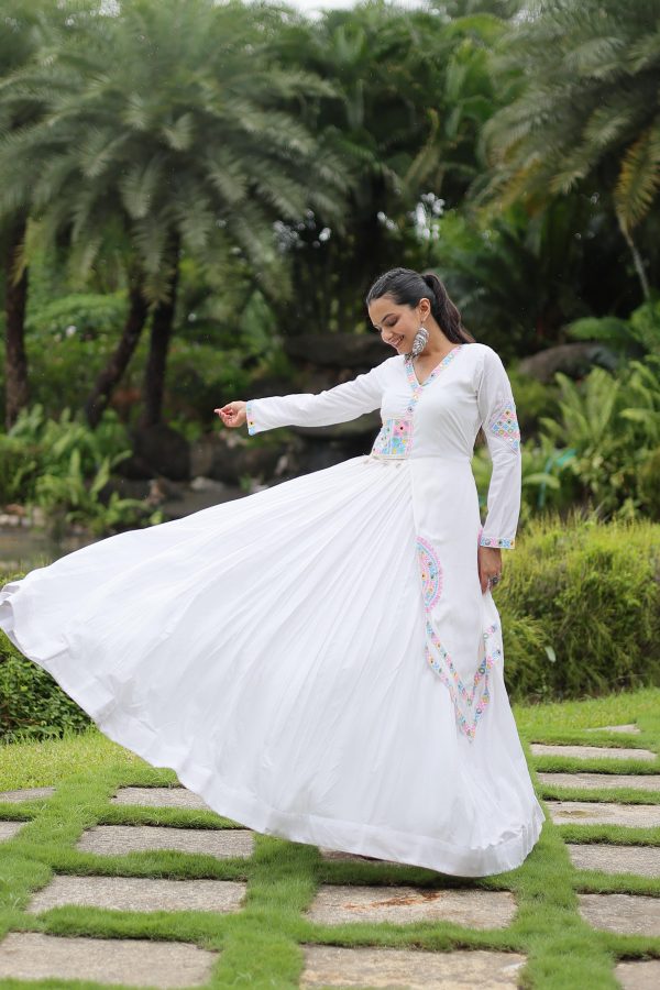 Lorenvalley White Rayon Fabric With Kutchi Gamthi Lace Gown Online