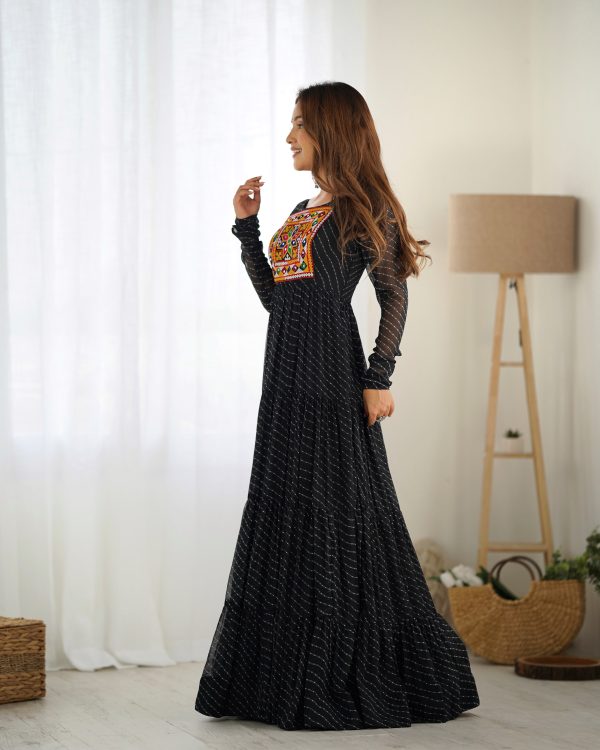 Lorenvalley Women Pure Soft Faux Georgette Leheriya Print Anarkali Gown - Black Sale