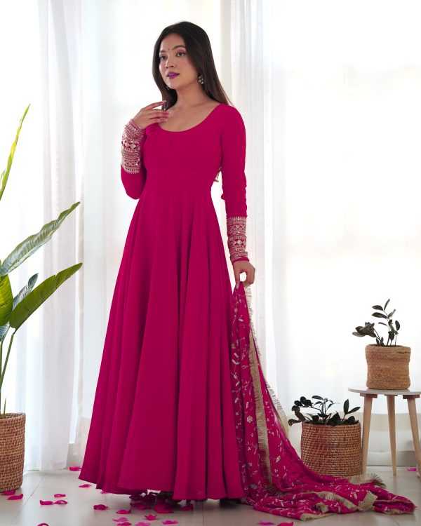 Lorenvalley Women Georgette Anarkali Gown Duppta Full Set With Pent Ready To Wear - Magenta Supply