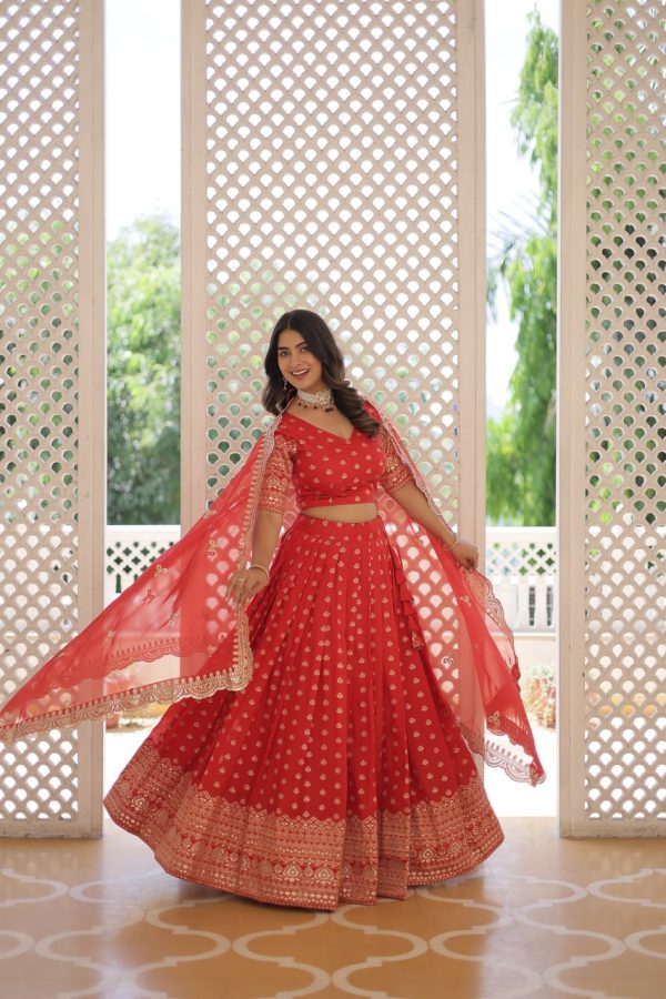 Lorenvalley Red Pure Viscose Jacquard with Double Zari work Lehenga Choli Fashion