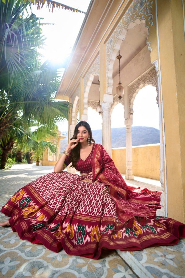 Lorenvalley Maroon Tussar Silk Ikkat Print With Foil Work Lehenga Choli with Dupatta Fashion