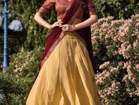 Lorenvalley Cream Kanchipuram Zari Weaving Work Lehenga Choli with Dupatta Discount