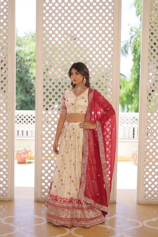 Lorenvalley Cream Pure Viscose Jacquard with 2D Dyeing and Embroidered Sequins work Lehenga Choli For Discount