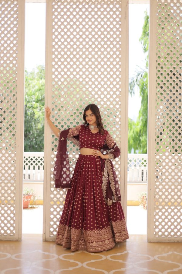 Lorenvalley Maroon Pure Viscose Jacquard with Double Zari work Lehenga Choli Supply