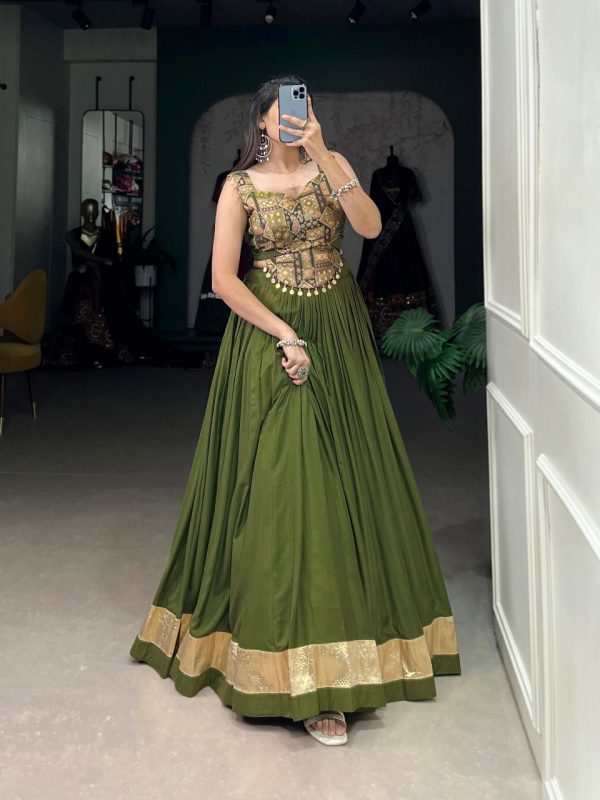 Lorenvalley Green Pure Rayon Plain With Embossed Design Lace Touch Up Lehenga Choli Fashion