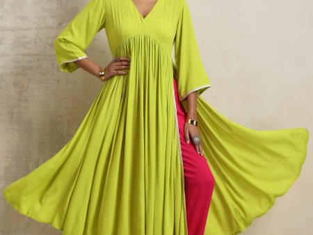 trueBrowns Lime Crinkle Anarkali Flared Kurta Set For Cheap