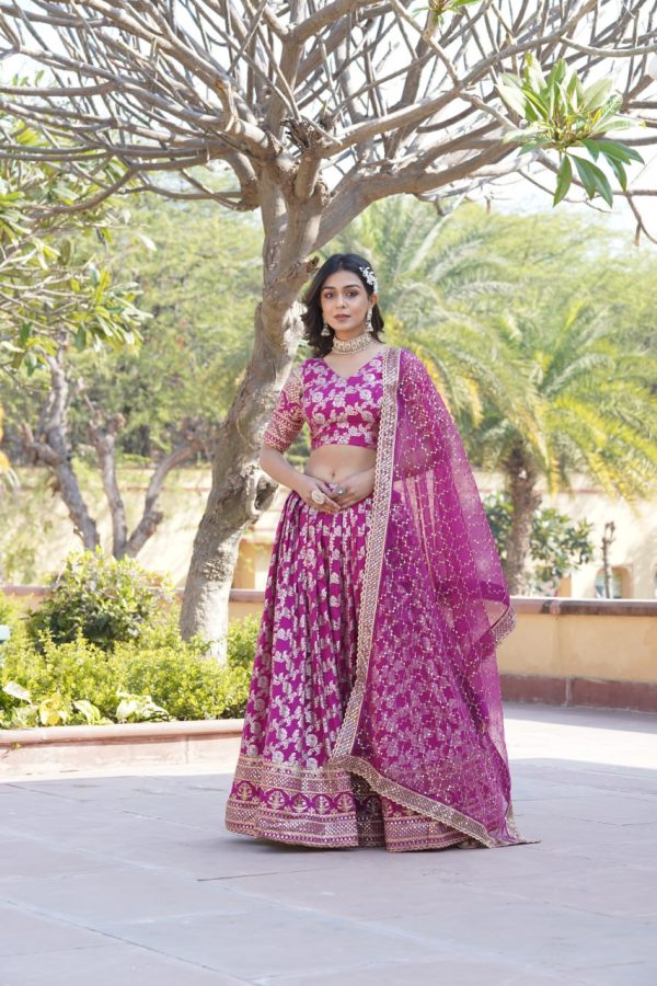 Lorenvalley Magenta Pure Viscose Jacquard with Embroidered Sequins work Lehenga Choli Hot on Sale