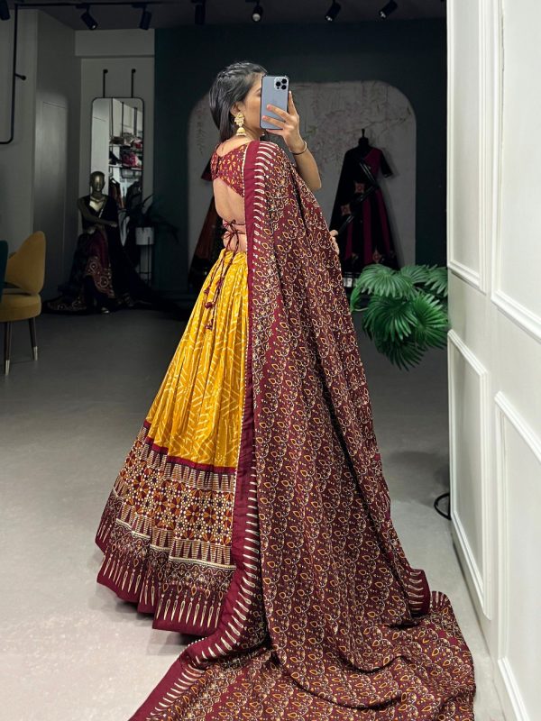 Lorenvalley Mustard Tussar Silk Bandhej And Ajarakh Print Lehenga Choli with Dupatta Fashion