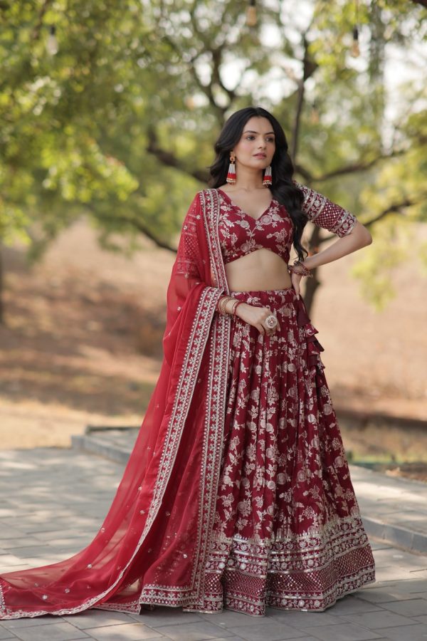 Lorenvalley Maroon Pure Viscose Jacquard with Embroidered Sequins work Lehenga Choli Online Hot Sale