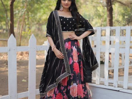 Lorenvalley Black Faux Georgette Digital Printed with Sequins & Thread Embroidered work Lehenga Choli Online