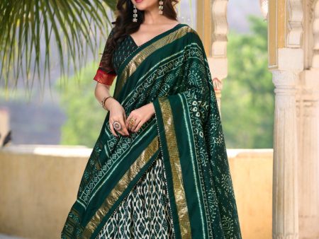 Lorenvalley Green Tussar Silk Ikkat Print With Foil Work Lehenga Choli with Dupatta Online now