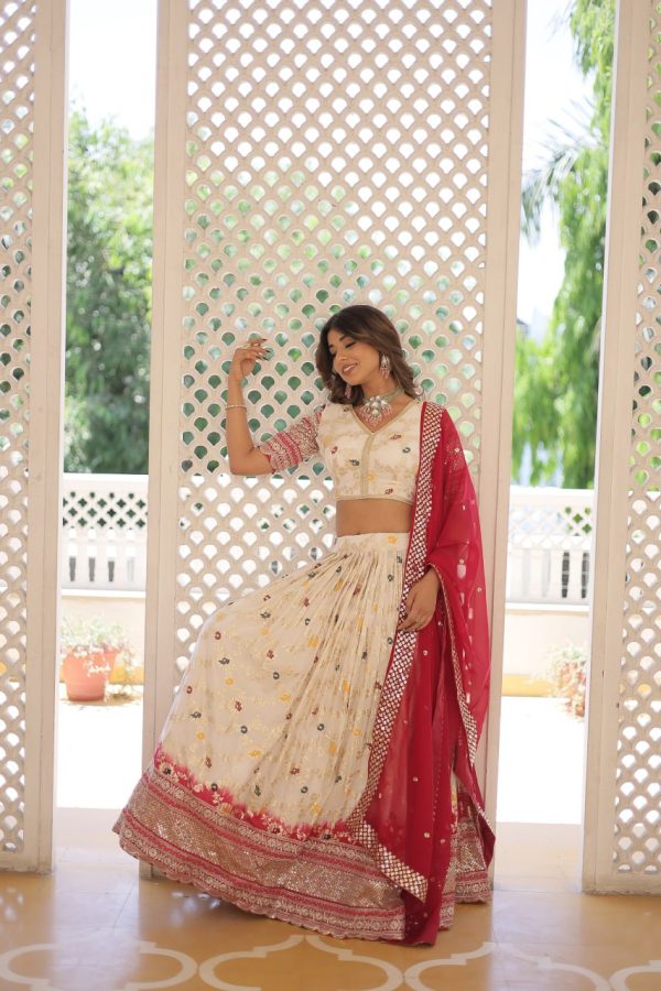 Lorenvalley Cream Pure Viscose Jacquard with 2D Dyeing and Embroidered Sequins work Lehenga Choli For Discount