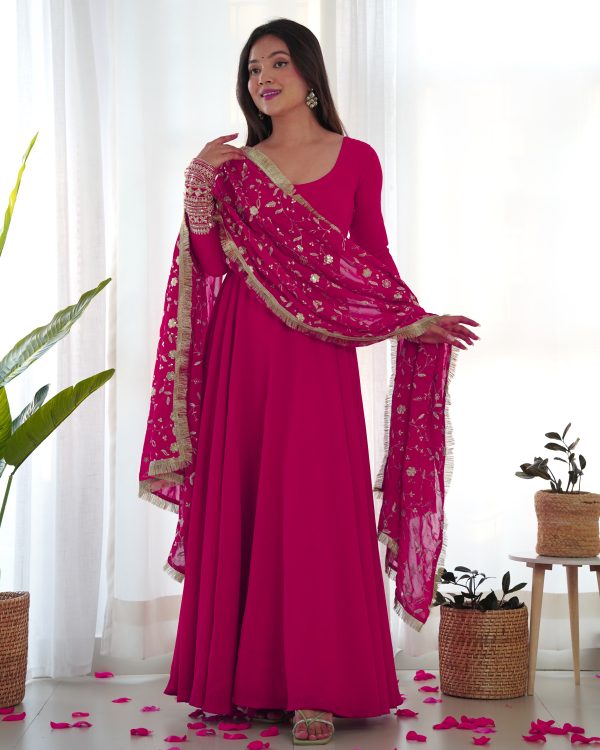 Lorenvalley Women Georgette Anarkali Gown Duppta Full Set With Pent Ready To Wear - Magenta Supply