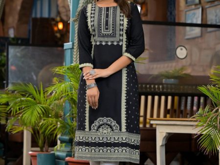 Juniper Women s Black Ethnic Motif Printed Rayon KurtaWith Straight Hemline And Buttons Hot on Sale