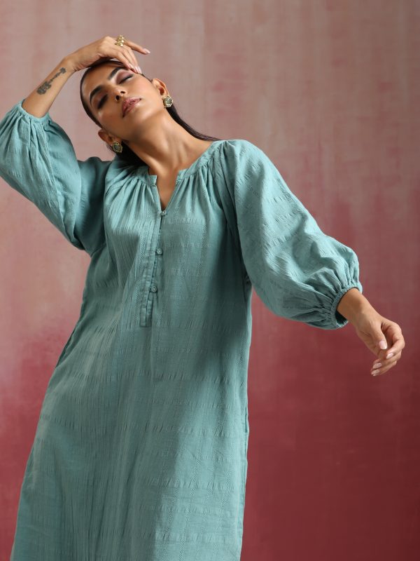 trueBrowns Aqua Blue Cotton Dobby Dress Online now