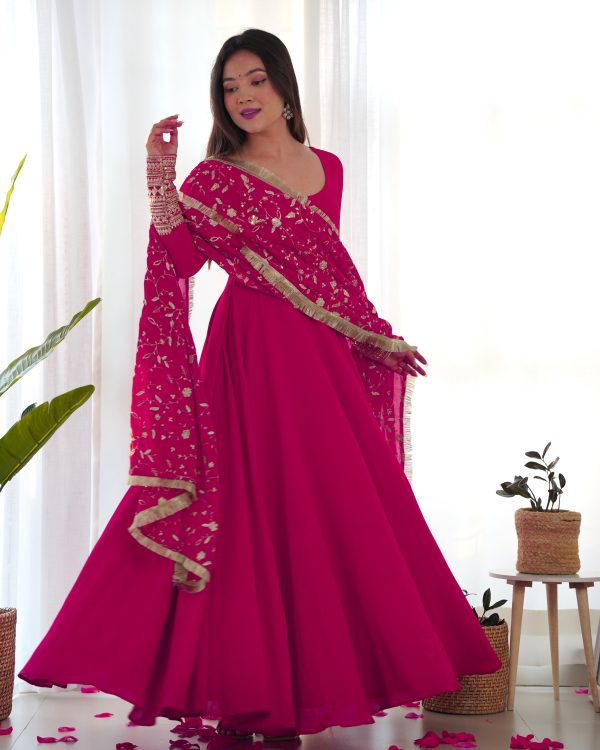 Lorenvalley Women Georgette Anarkali Gown Duppta Full Set With Pent Ready To Wear - Magenta Supply