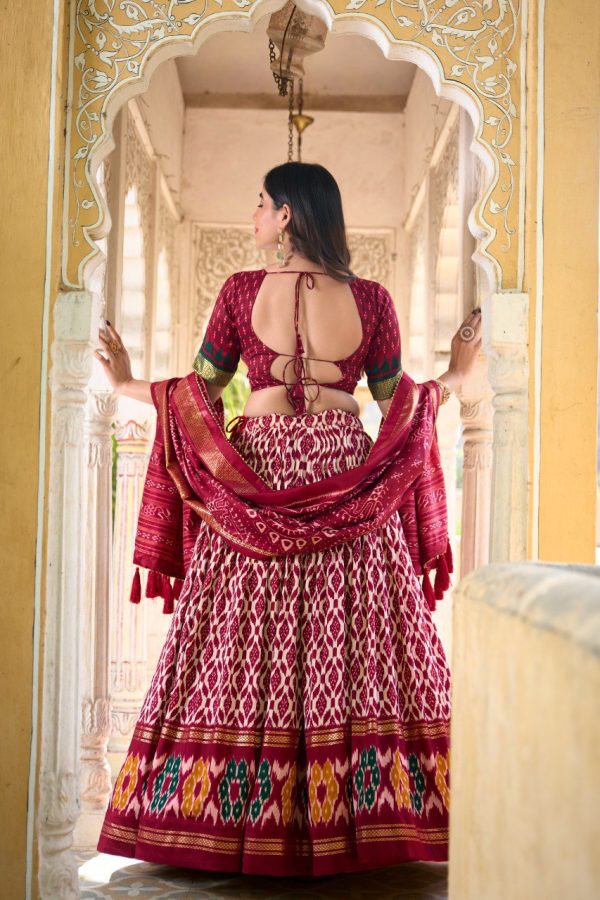 Lorenvalley Maroon Tussar Silk Ikkat Print With Foil Work Lehenga Choli with Dupatta Fashion