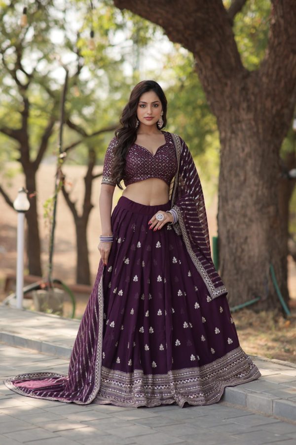 Lorenvalley Purple Faux Blooming Georgette with Sequins & Thread Embroidered work Lehenga Choli Online