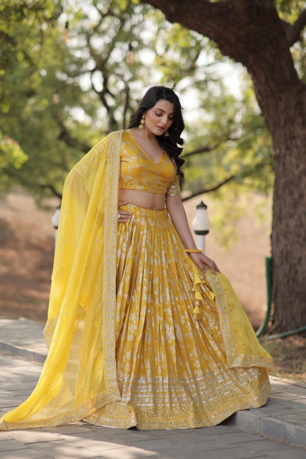 Lorenvalley Yellow Pure Viscose Jacquard with Embroidered Sequins work Lehenga Choli Fashion