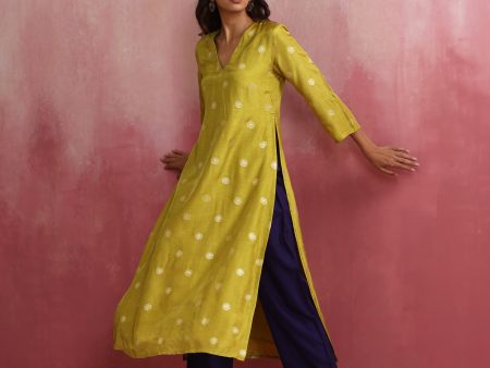 trueBrowns Lime Viscose Silk Kurta Set Sale