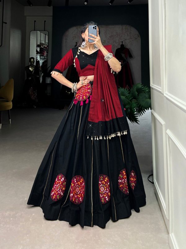 Lorenvalley Black Pure Cotton Plain And Gamthi Patch Work With Gota Patti Lehenga Choli with Dupatta Online