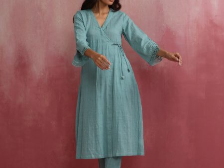 trueBrowns Aqua Blue Cotton Dobby Angrakha Kurta Set For Sale