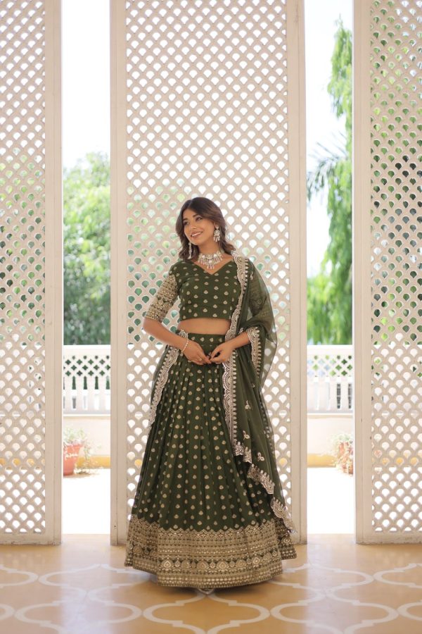 Lorenvalley Green Pure Viscose Jacquard with Double Zari work Lehenga Choli Online Sale