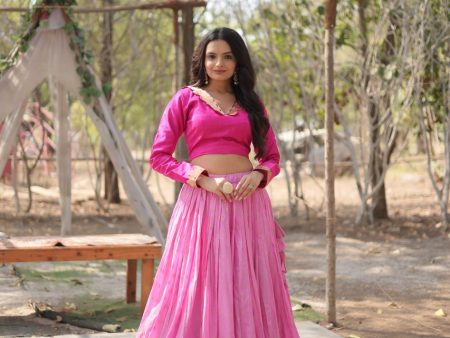 Lorenvalley Pink Pure Viscose Jacquard with Kalamkari Jari Border Lehenga Choli Fashion