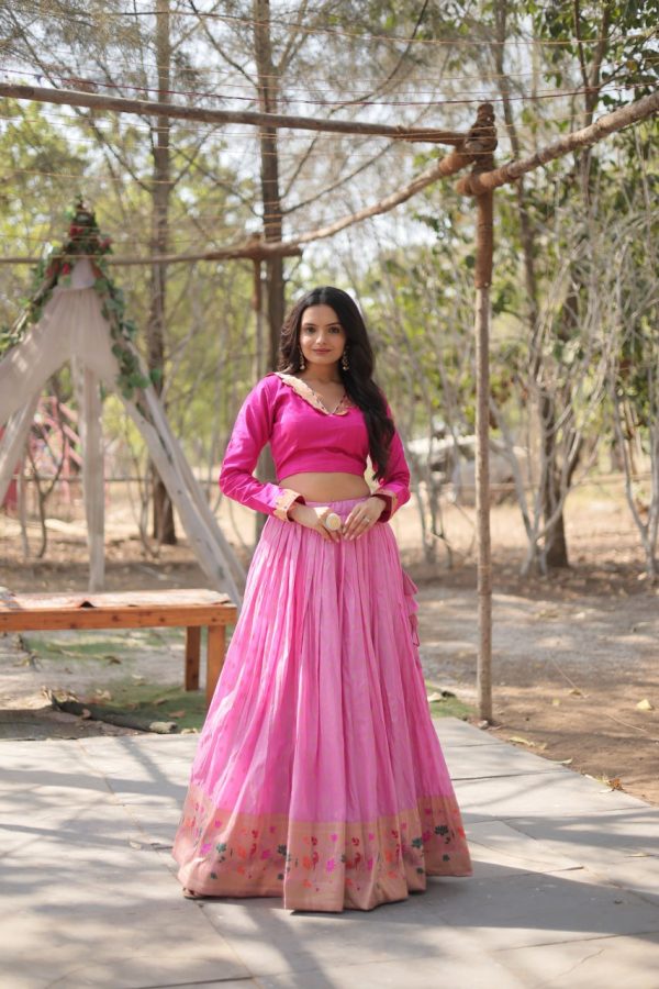 Lorenvalley Pink Pure Viscose Jacquard with Kalamkari Jari Border Lehenga Choli Fashion